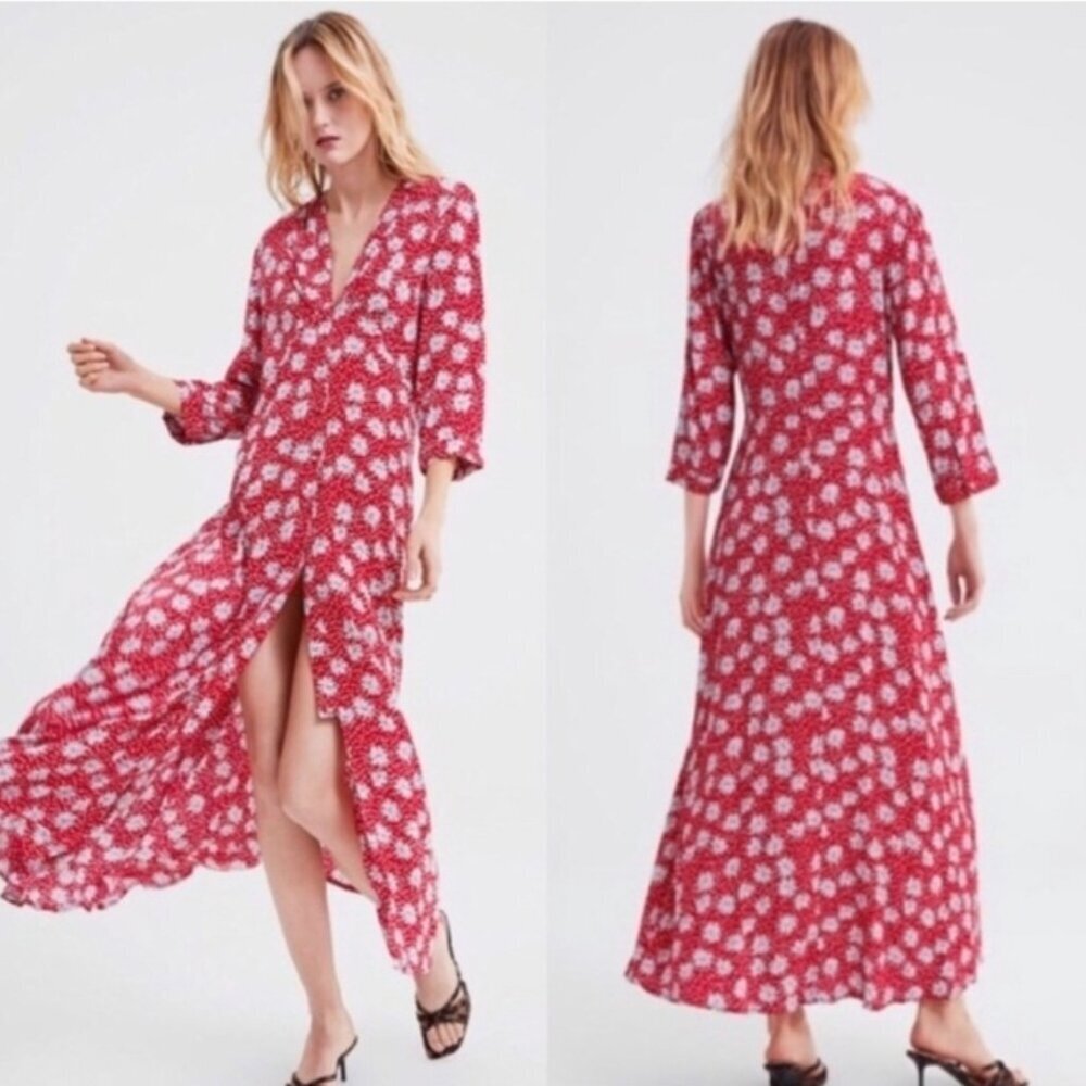 Zara Blogger Favourite Red Daisy Phoebe Maxi Dress Size XS